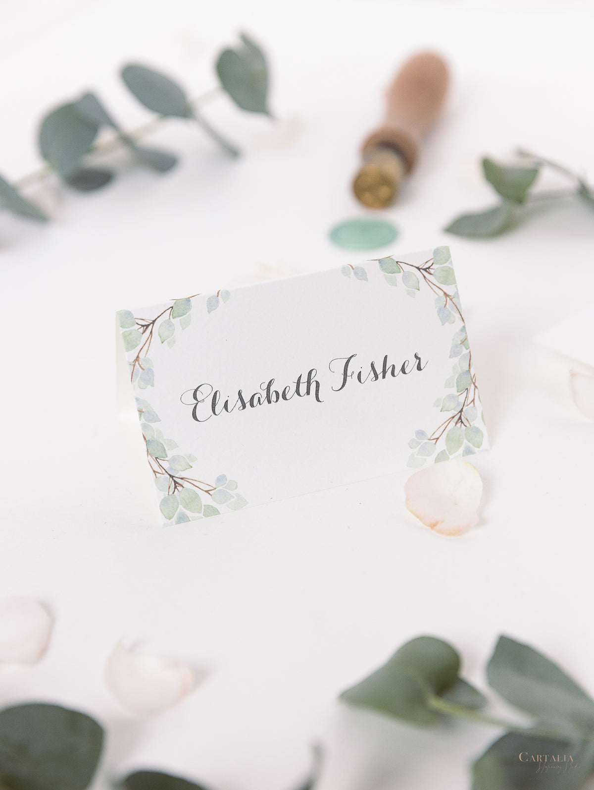 Green Watercolour Leaf Rustic Wedding Place Card