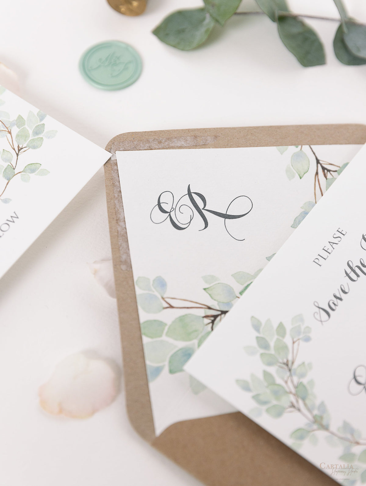 Green Eucalyptus Watercolor Leaf Rustic Wedding Save the Date