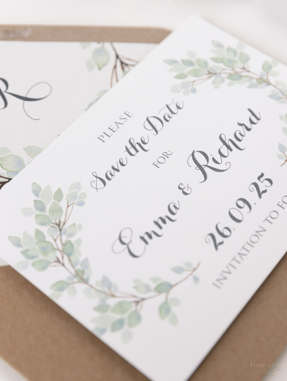 Green Eucalyptus Watercolor Leaf Rustic Wedding Save the Date