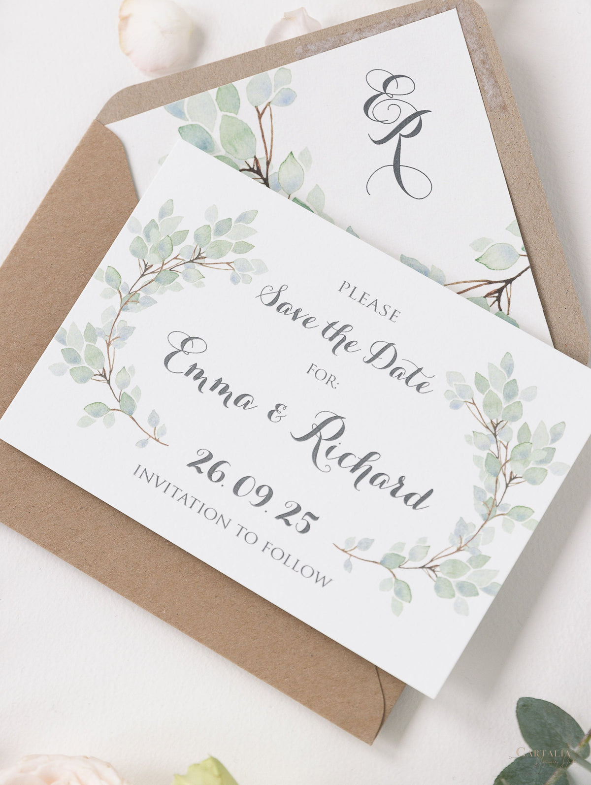 Green Eucalyptus Watercolor Leaf Rustic Wedding Save the Date