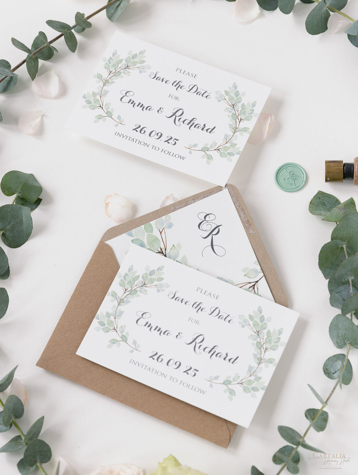 Green Eucalyptus Watercolour Leaf Rustic Wedding Save the Date