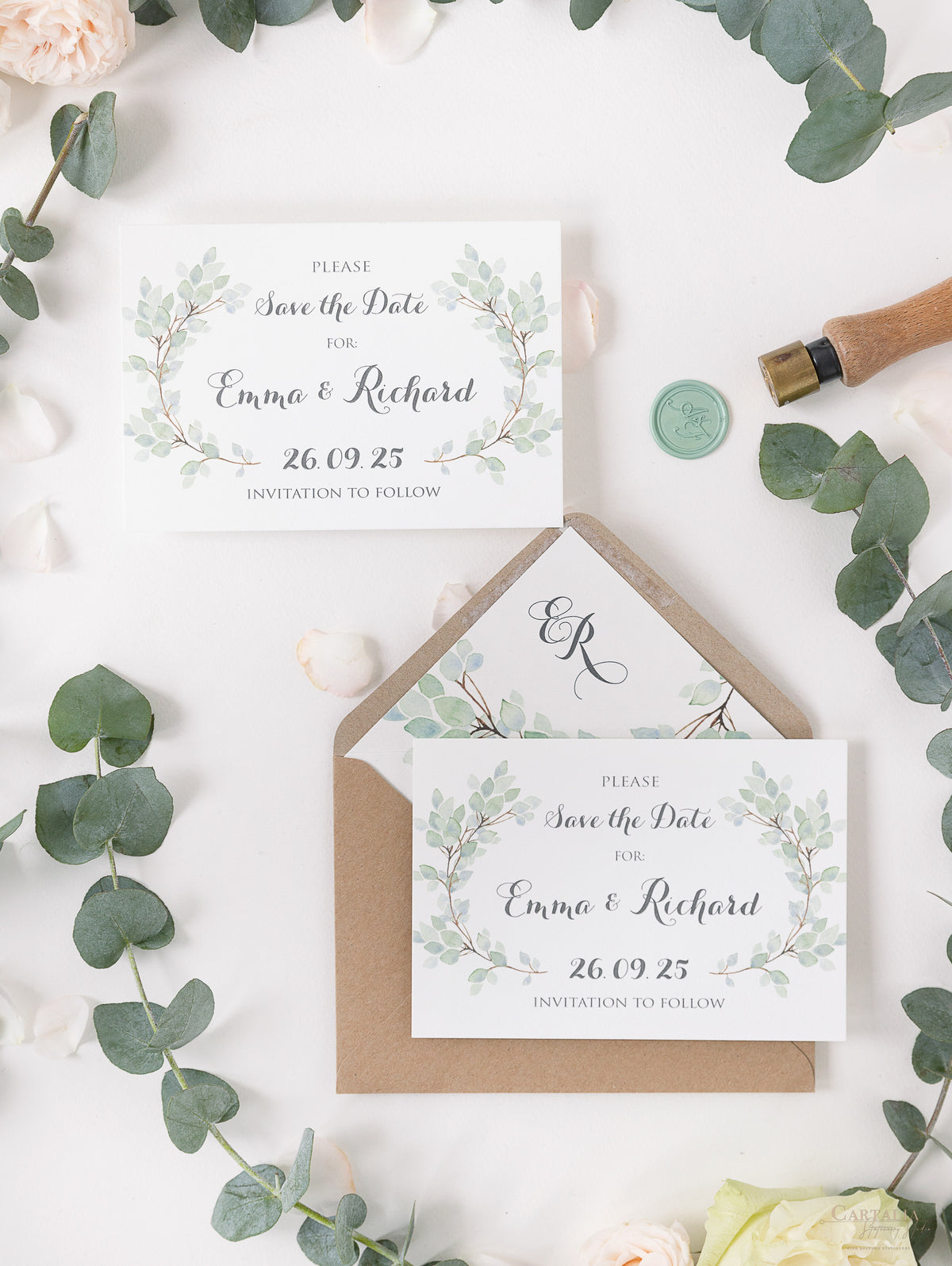 Green Eucalyptus Watercolor Leaf Rustic Wedding Save the Date