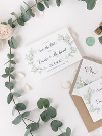 Green Eucalyptus Watercolor Leaf Rustic Wedding Save the Date