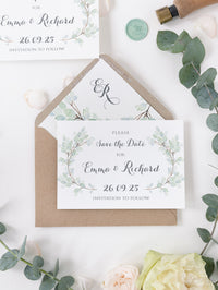 Green Eucalyptus Watercolour Leaf Rustic Wedding Save the Date