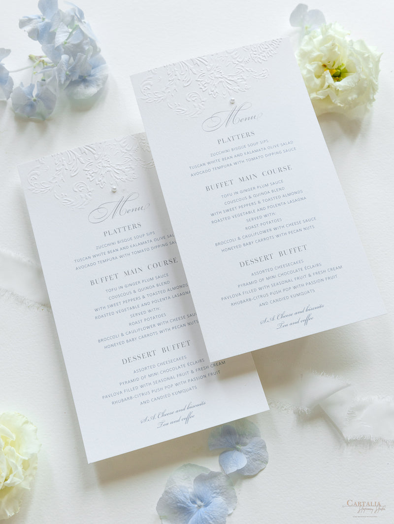 Carte menu delicate e lussuose in rilievo con dettagli di perle