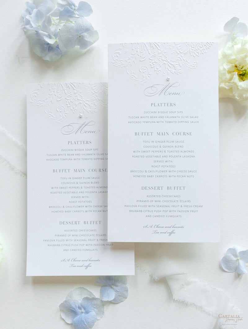 Carte menu delicate e lussuose in rilievo con dettagli di perle