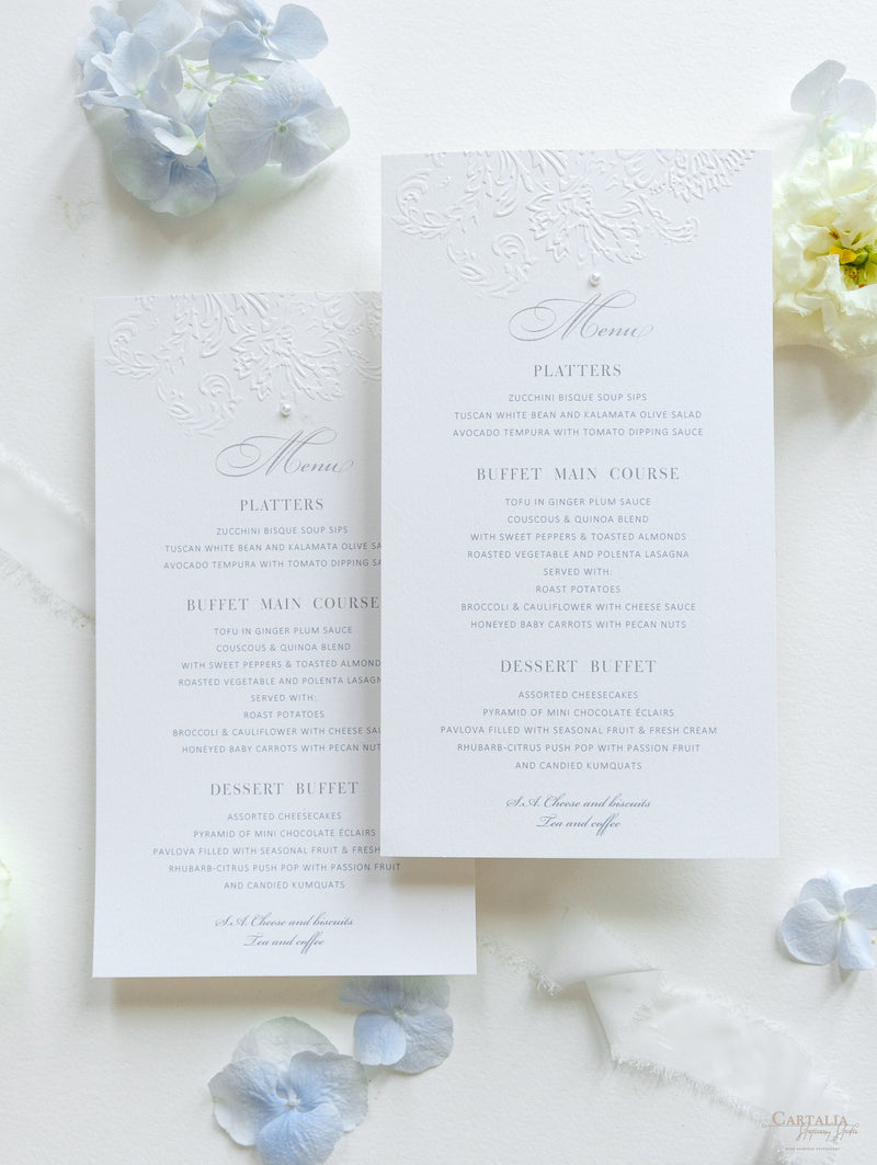 Delicate Luxurious Embossed Menu Cards with Pearl Detail