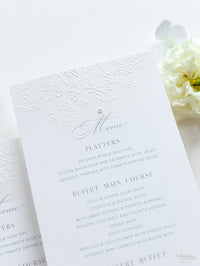 Carte menu delicate e lussuose in rilievo con dettagli di perle