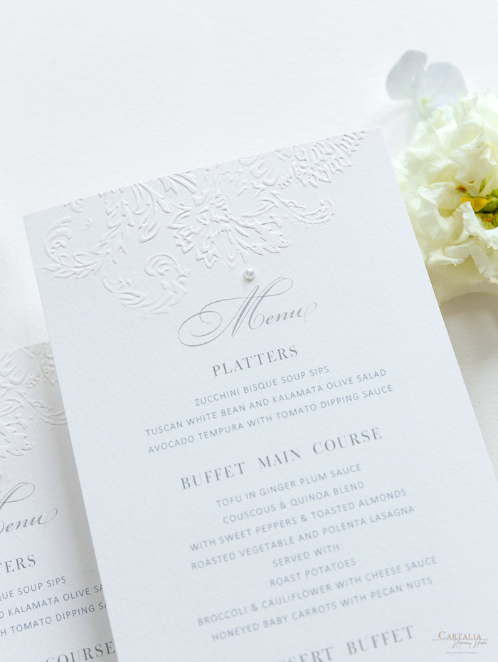 Delicate Luxurious Embossed Menu Cards with Pearl Detail – Cartalia