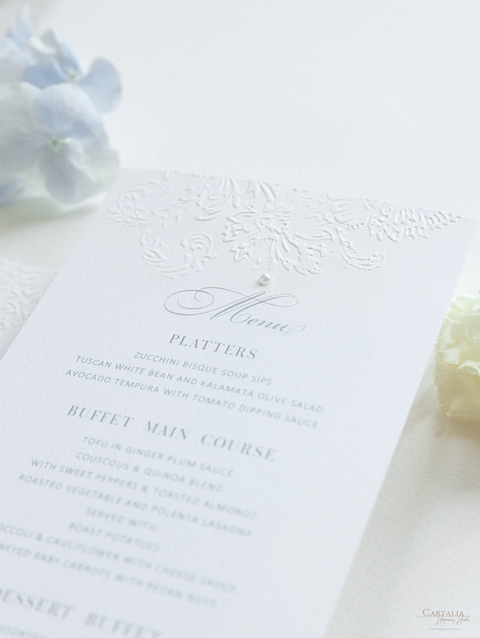 Delicate Luxurious Embossed Menu Cards with Pearl Detail – Cartalia