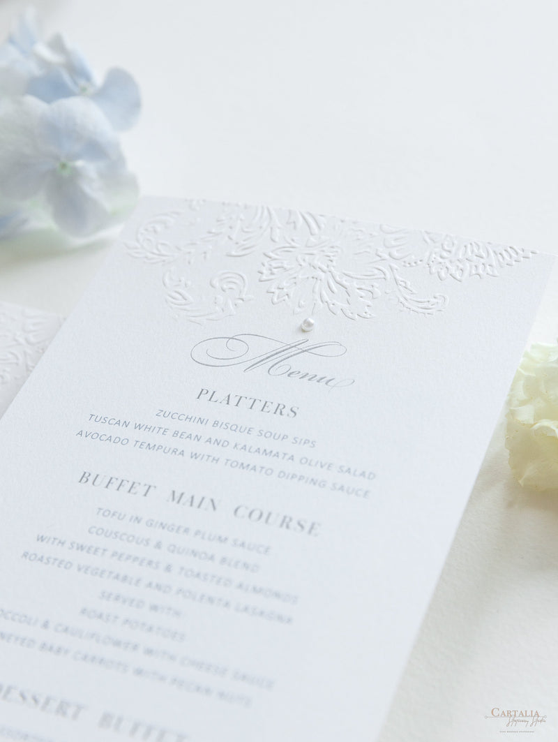 Carte menu delicate e lussuose in rilievo con dettagli di perle