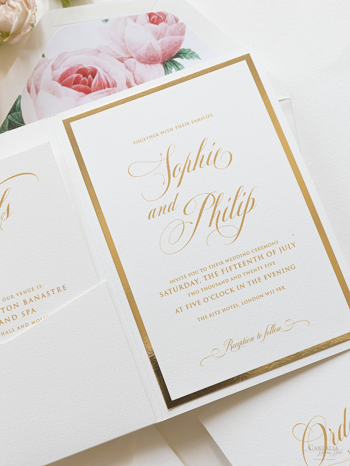 Luxury Gold and Cream Romantic Roses Pocket Fold  Invitation with Parchment Belly Band + Envelopes