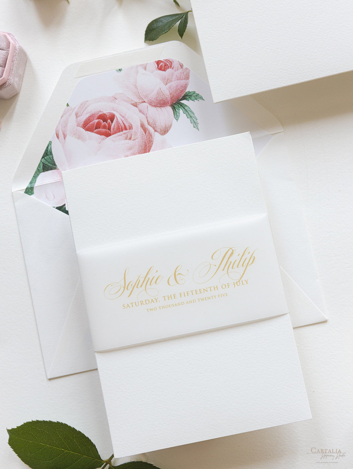 Luxury Gold and Cream Romantic Roses Pocket Fold  Invitation with Parchment Belly Band + Envelopes