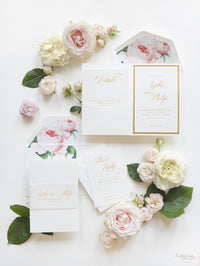 Foil d'or de luxe et crème Roses romantiques Pocket Fold Invitation avec parchemin de ventre + enveloppes