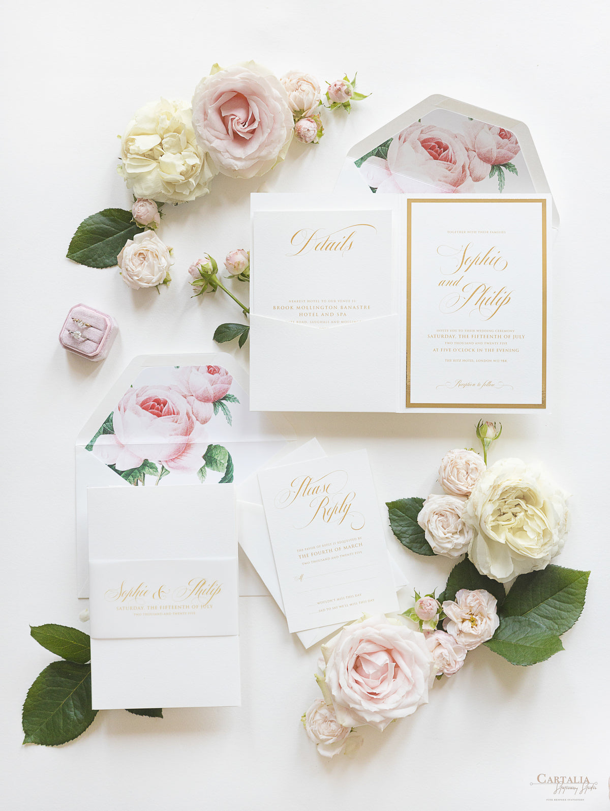 Luxury Gold and Cream Romantic Roses Pocket Fold  Invitation with Parchment Belly Band + Envelopes