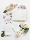 Invito tascabile di lusso in lamina d'oro e rose romantiche color crema con fascia in pergamena + buste