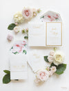 Luxury Gold Foil and Cream Romantic Roses Pocket Fold  Invitation with Parchment Belly Band + Envelopes