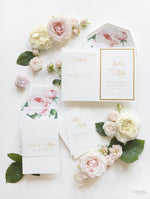Luxury Gold Foil and Cream Romantic Roses Pocket Fold  Invitation with Parchment Belly Band + Envelopes