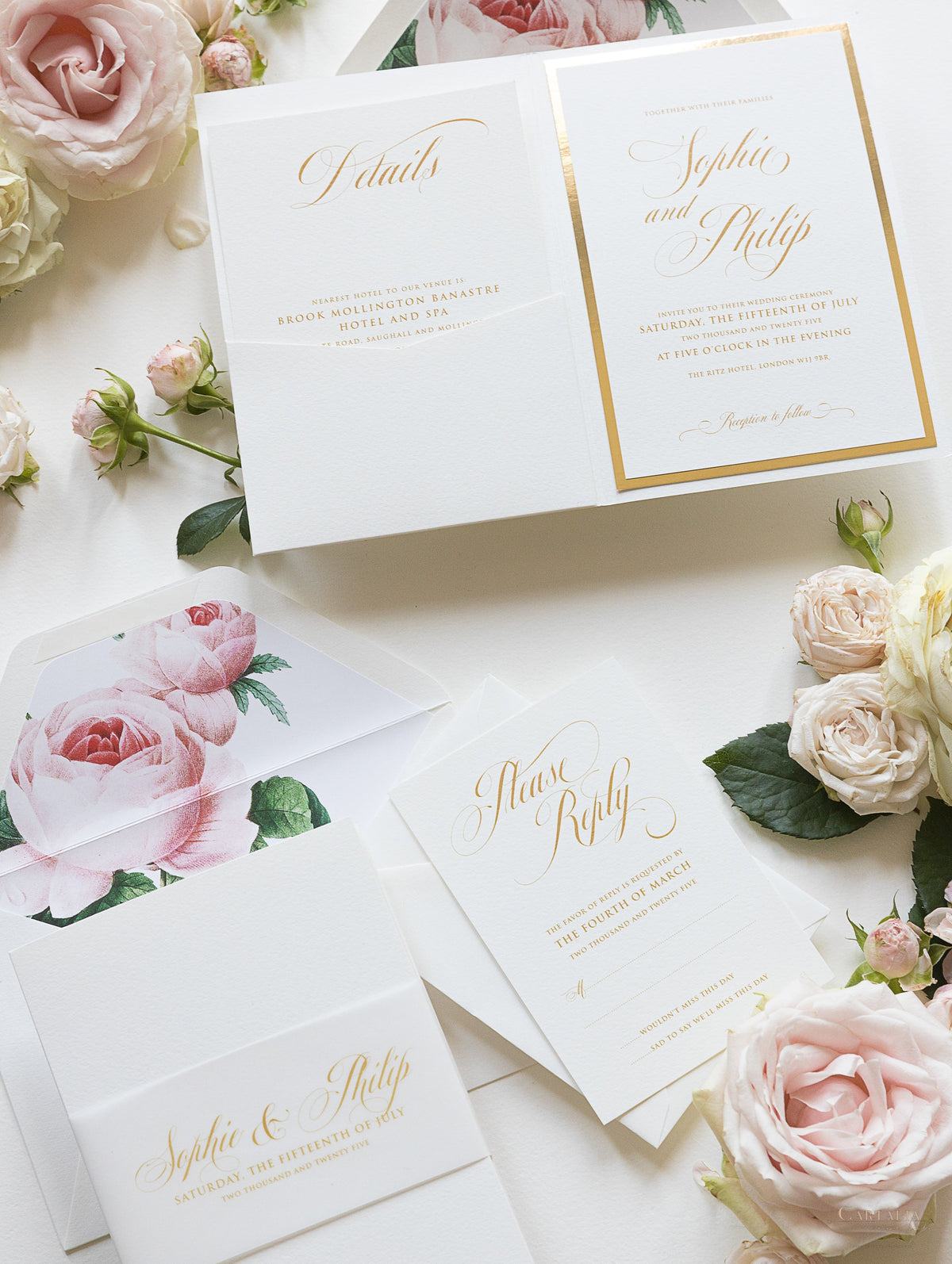 Luxury Gold and Cream Romantic Roses Pocket Fold  Invitation with Parchment Belly Band + Envelopes