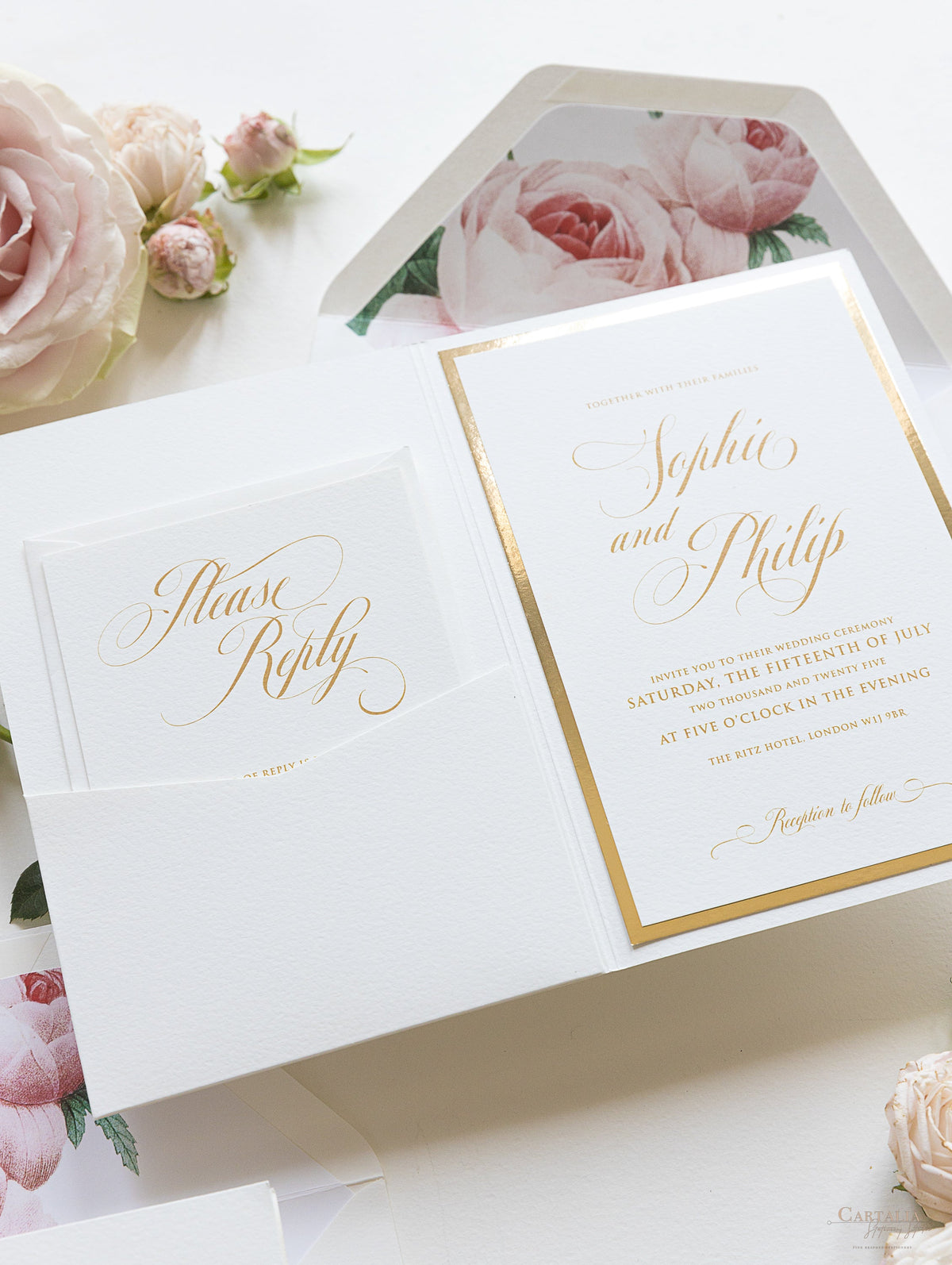 Luxury Gold and Cream Romantic Roses Pocket Fold  Invitation with Parchment Belly Band + Envelopes