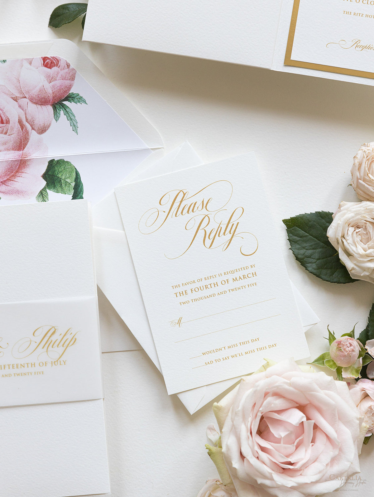 Luxury Gold and Cream Romantic Roses Pocket Fold  Invitation with Parchment Belly Band + Envelopes