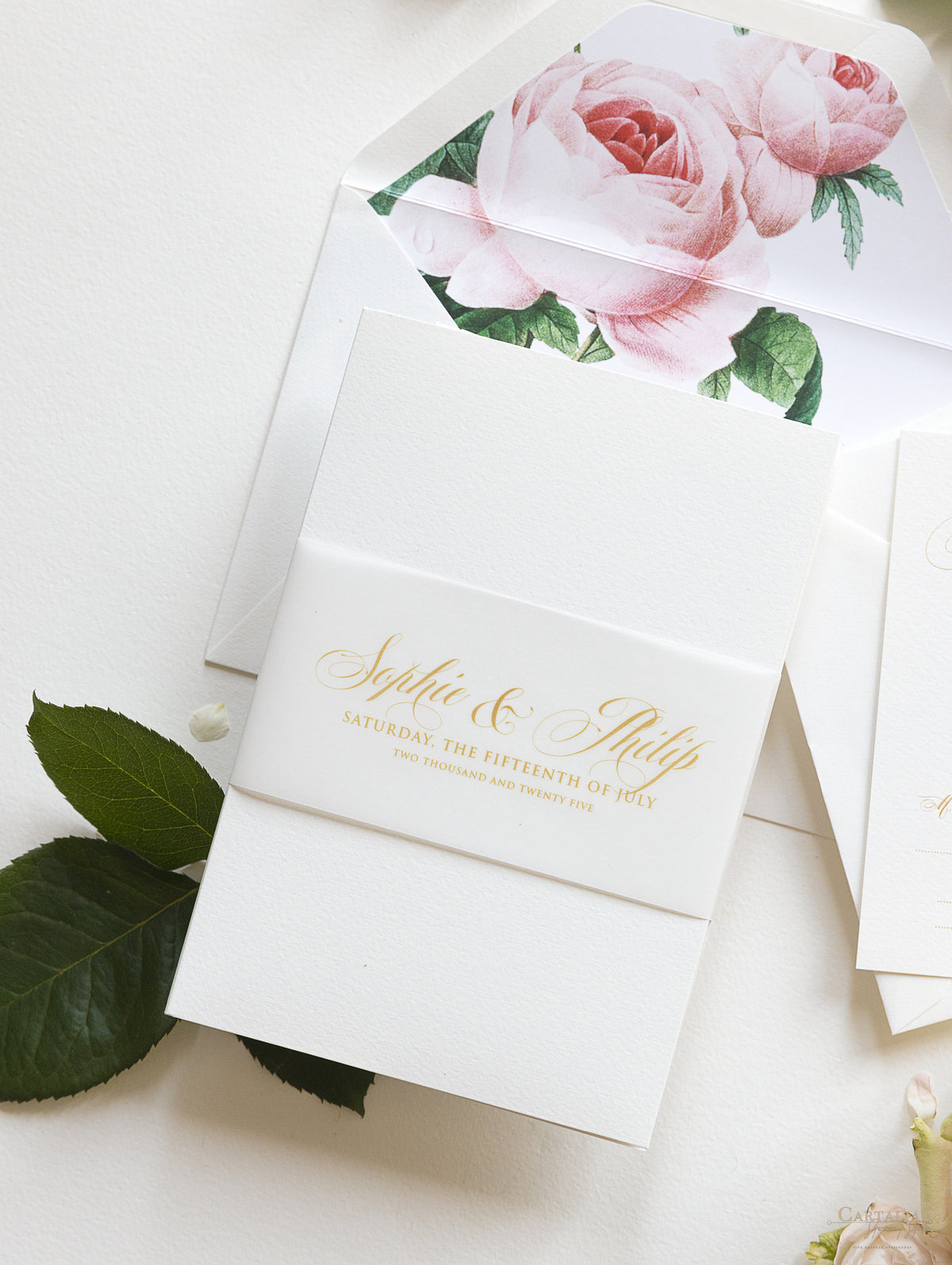 Luxury Gold and Cream Romantic Roses Pocket Fold  Invitation with Parchment Belly Band + Envelopes