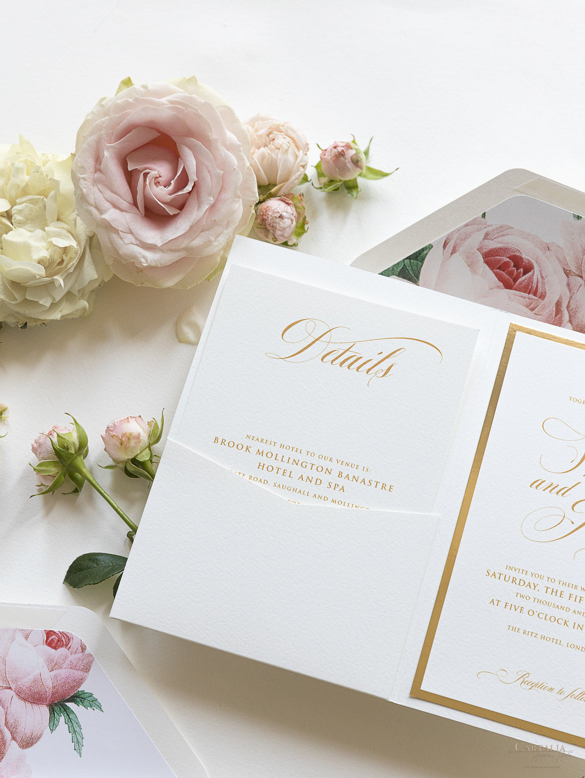 Luxury Gold and Cream Romantic Roses Pocket Fold  Invitation with Parchment Belly Band + Envelopes