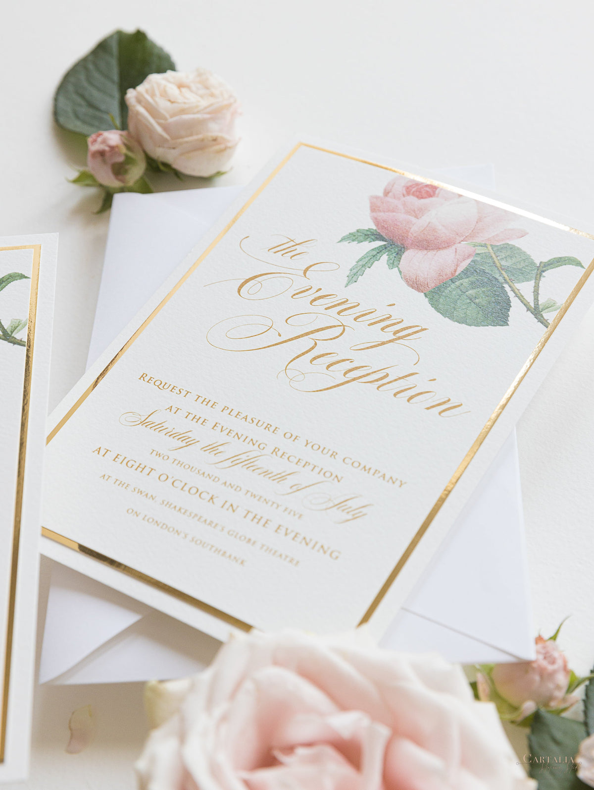 Luxury Gold mirror and Cream Romantic Roses Evening Invitation