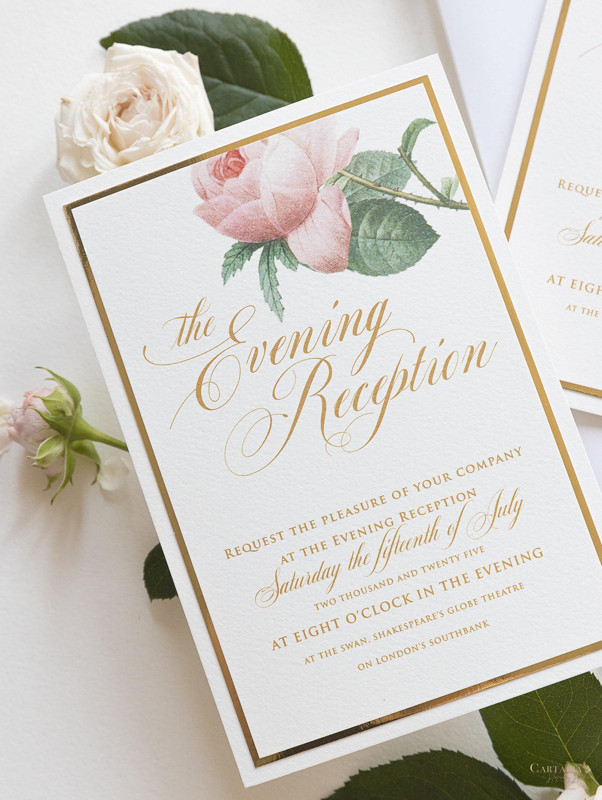 Luxury Gold mirror and Cream Romantic Roses Evening Invitation