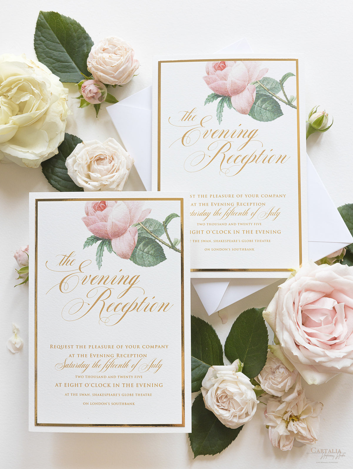 Luxury Gold mirror and Cream Romantic Roses Evening Invitation