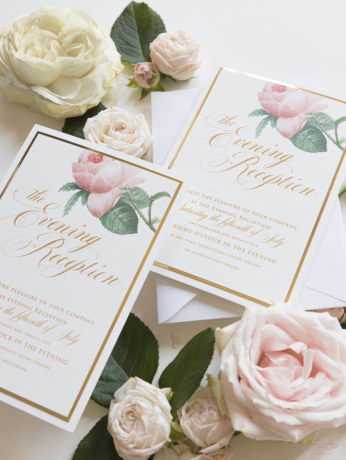 Luxury Gold mirror and Cream Romantic Roses Evening Invitation