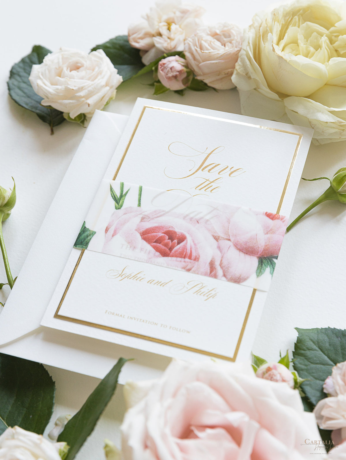 Luxury Gold Foil and Cream Romantic Roses  SAVE THE DATE with Parchment Belly Band