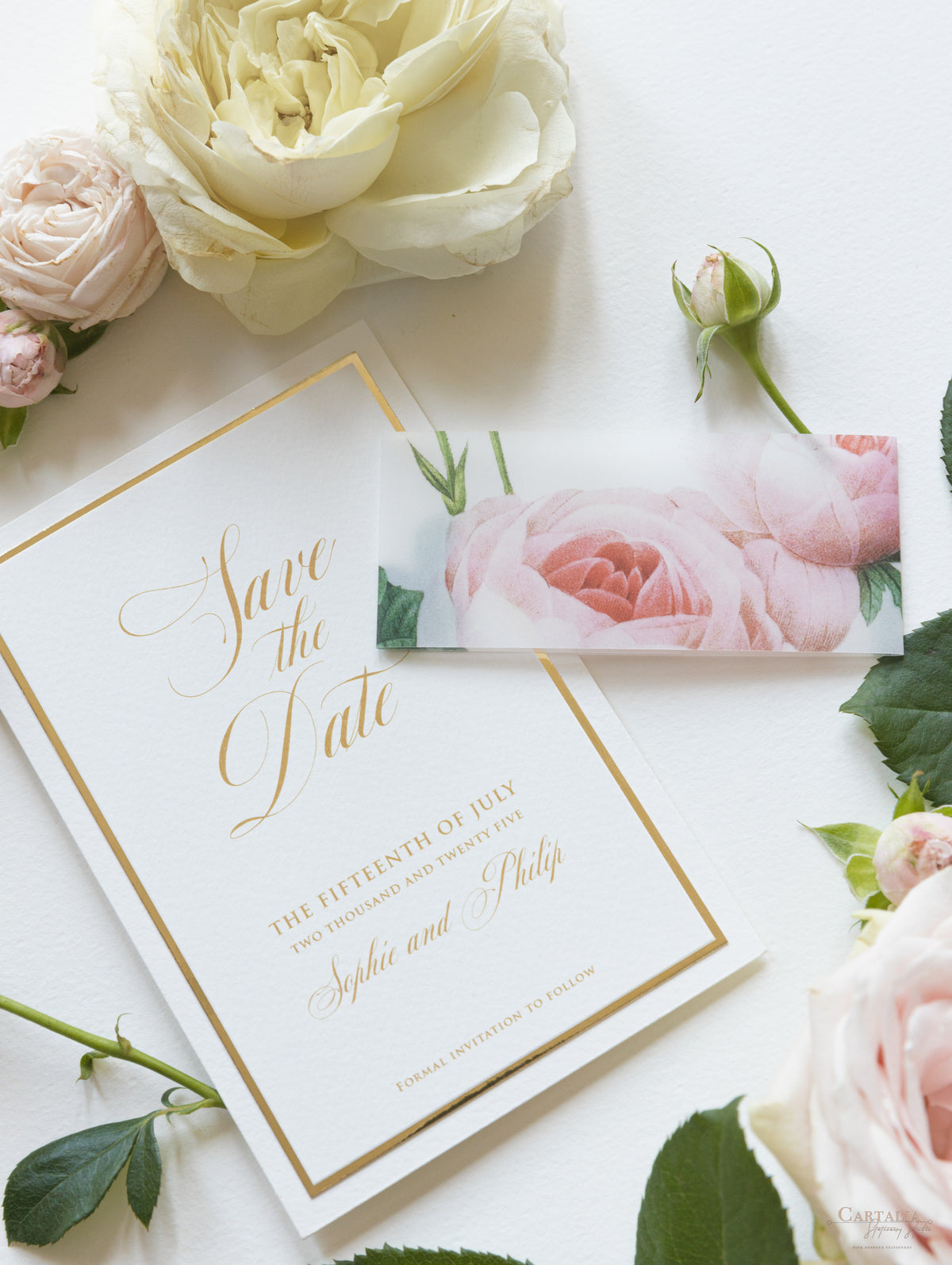 Lussuosa lamina d'oro e rose romantiche color crema SAVE THE DATE con fascia in pergamena