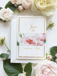 Luxury Gold Foil and Cream Romantic Roses  SAVE THE DATE with Parchment Belly Band