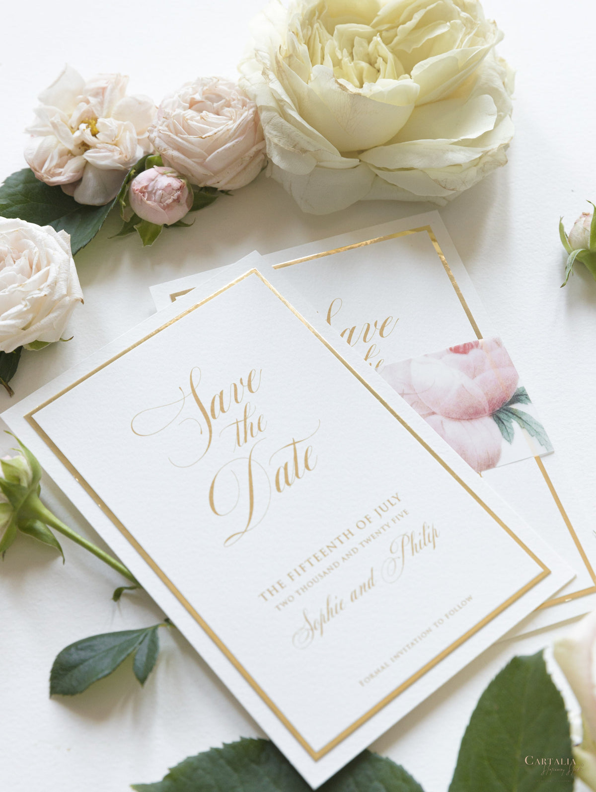 Luxury Gold Foil and Cream Romantic Roses  SAVE THE DATE with Parchment Belly Band