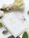 Lussuosa lamina d'oro e rose romantiche color crema SAVE THE DATE con fascia in pergamena