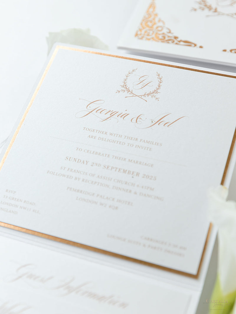Rose Gold Foil Laser Cut Monogram Wedding Invitation Square Pocket