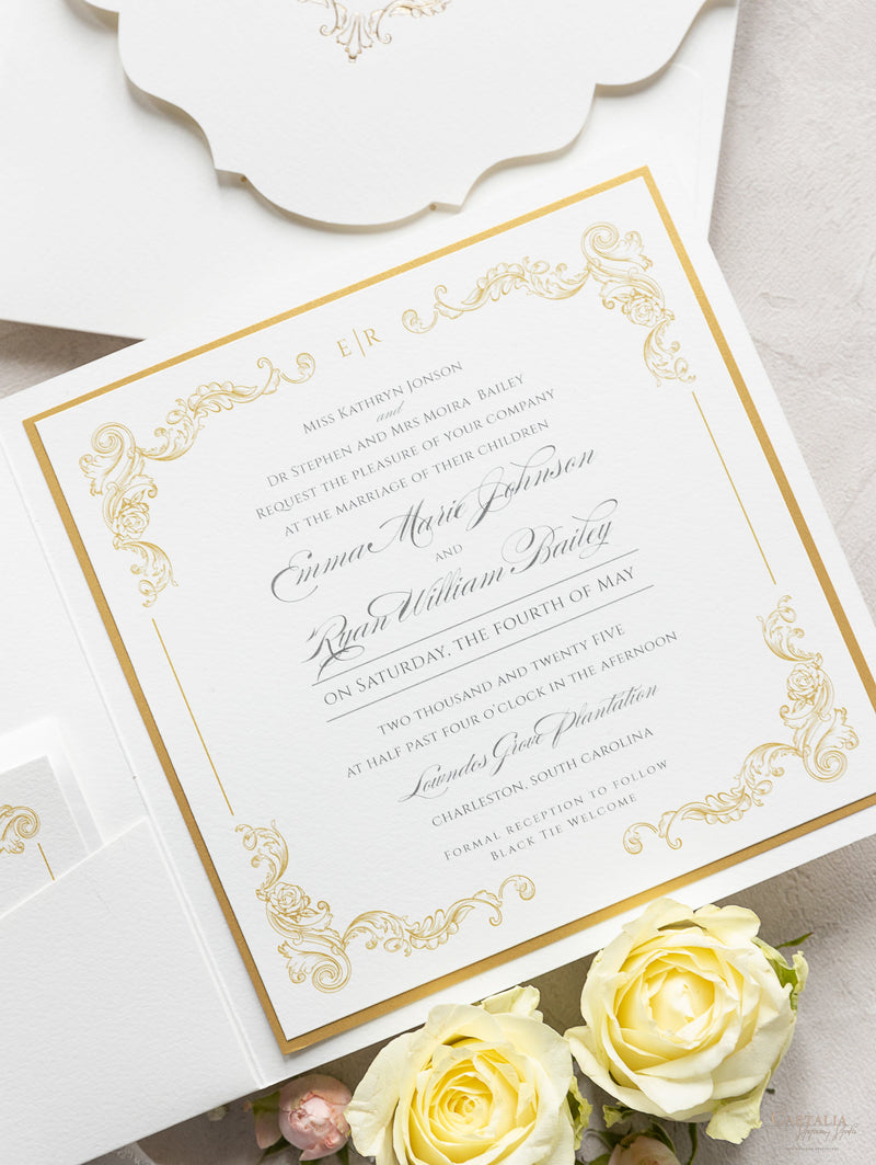 Set da sposa in oro regale, tasca quadrata in avorio, lamina d'oro e crema con lamina d'oro