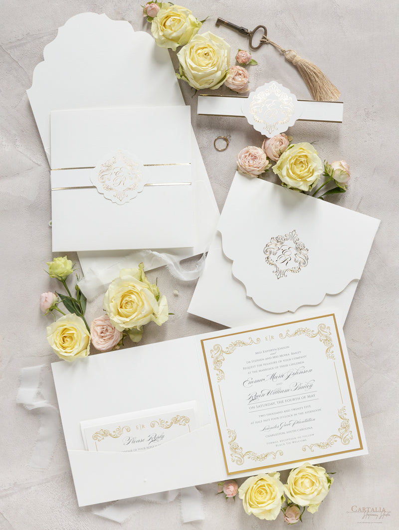 Set da sposa in oro regale, tasca quadrata in avorio, lamina d'oro e crema con lamina d'oro