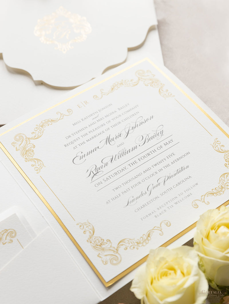 Set da sposa in oro regale, tasca quadrata in avorio, lamina d'oro e crema con lamina d'oro