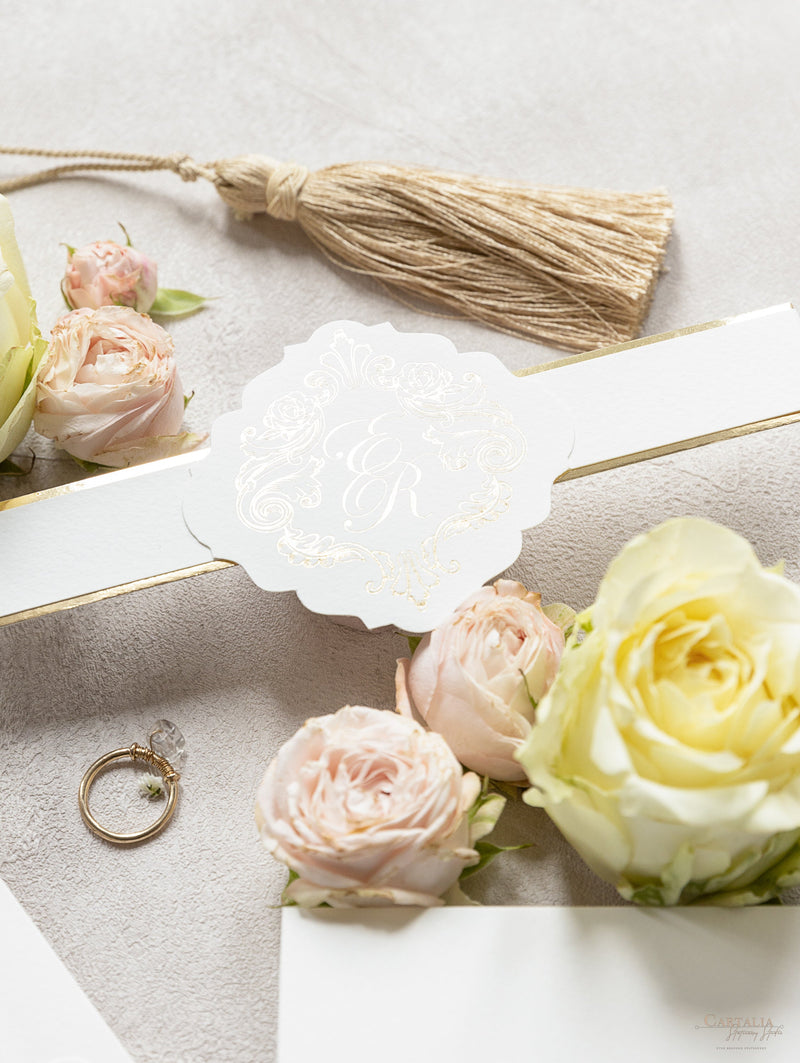 Set da sposa in oro regale, tasca quadrata in avorio, lamina d'oro e crema con lamina d'oro