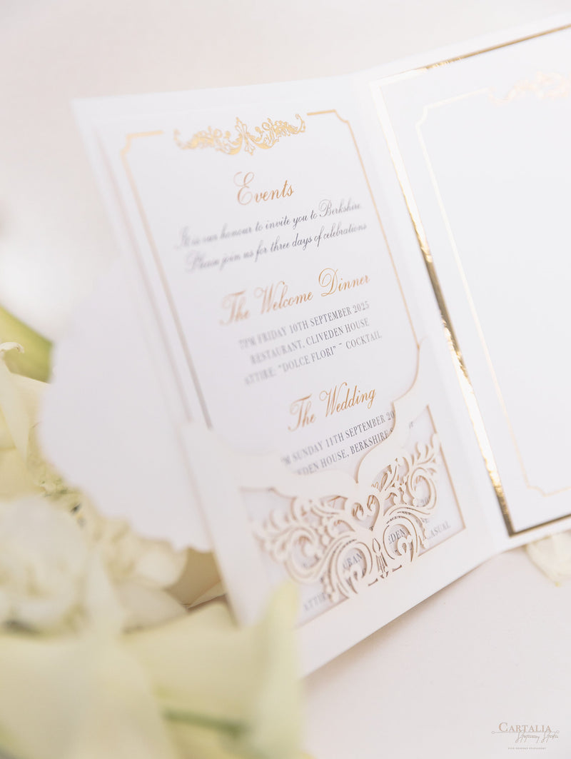 Luxury Gold Foil Invitation pocket fold suite for Wedding Day, Rsvp, Info Card with Laser Cut pocket, Calligraphy Script