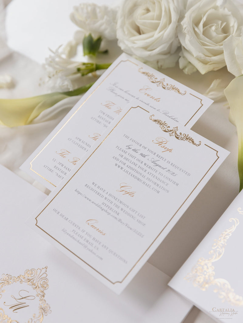 Luxury Gold Foil Invitation pocket fold suite for Wedding Day, Rsvp, Info Card with Laser Cut pocket, Calligraphy Script