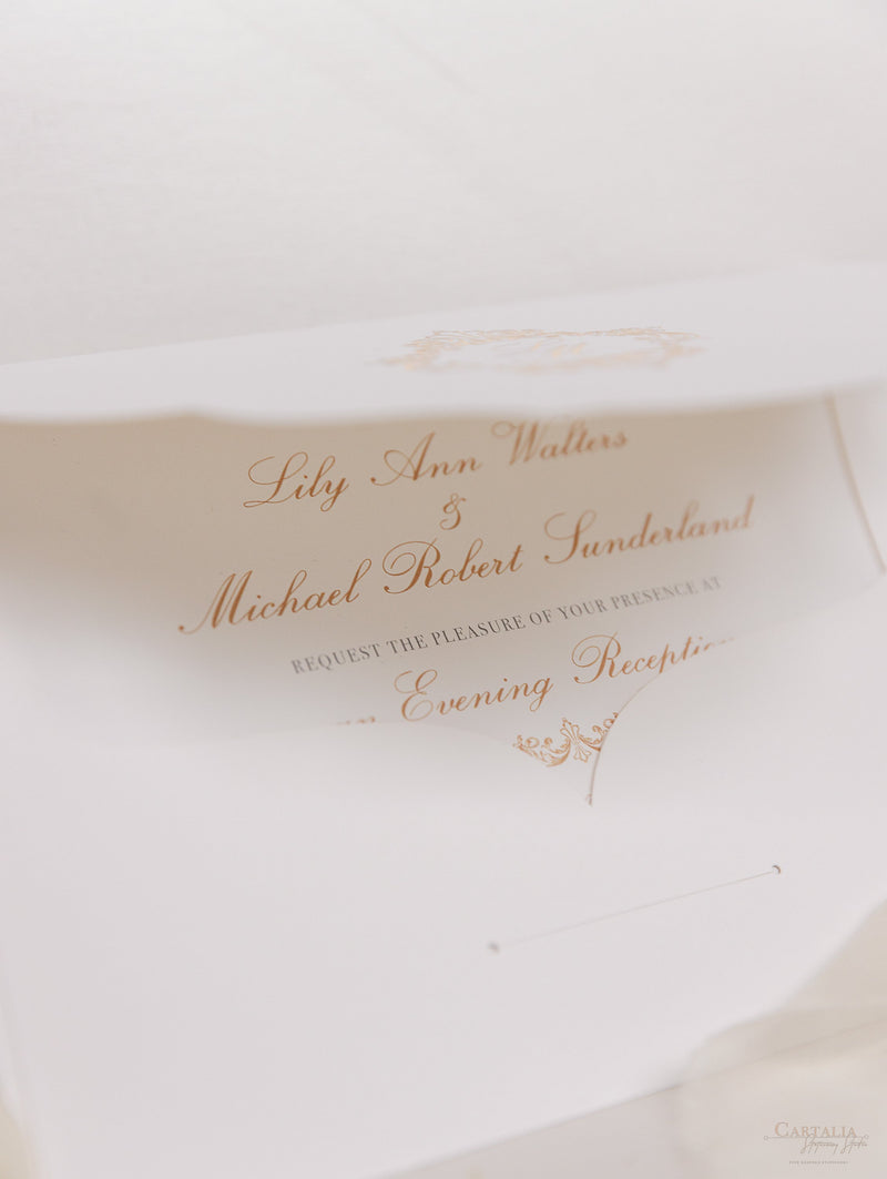 Suite di lusso tascabile in lamina d'oro Invito serale abbinato con monogramma in lamina d'oro + busta personalizzata fustellata