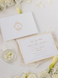 Luxury Gold Foil Pocket Fold Suite assortie de la soirée avec un monogramme en feuille d'or + enveloppe personnalisée coupée à la coupe