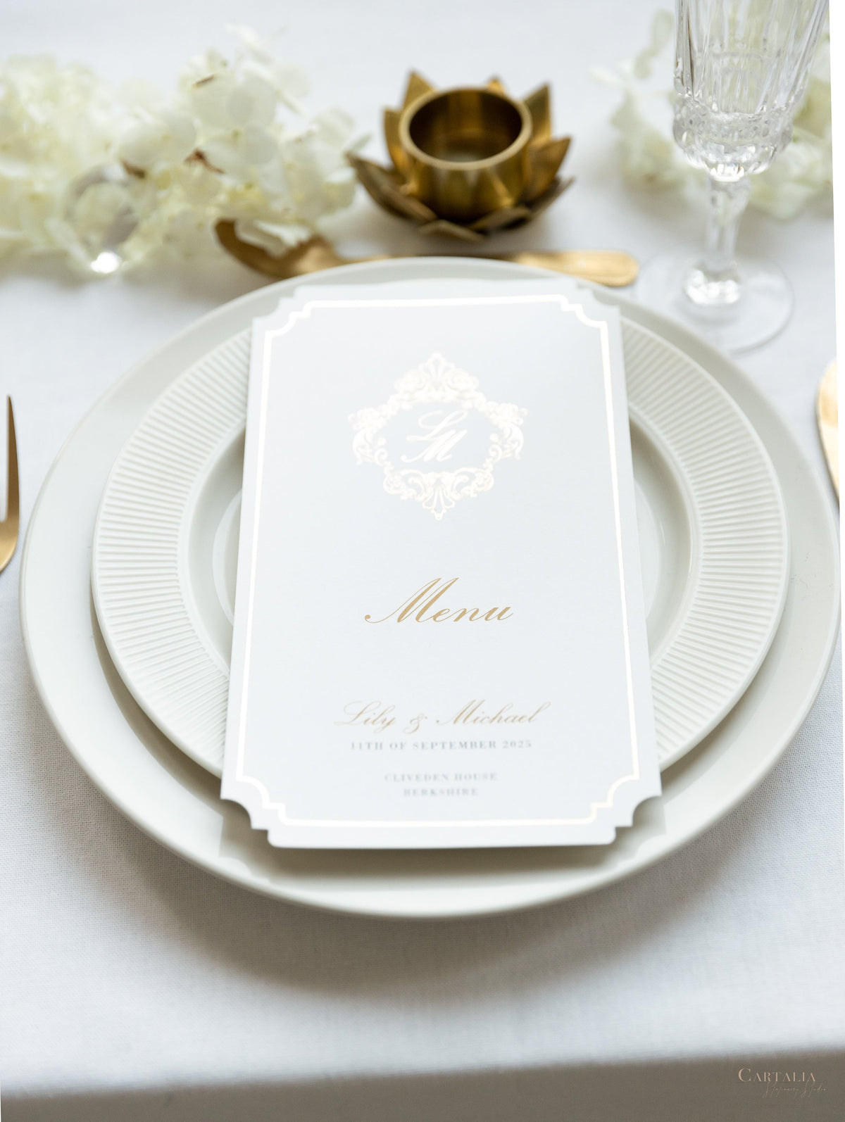 Luxury Plate Menu with Deckled Edge & Gold Foil Monogram