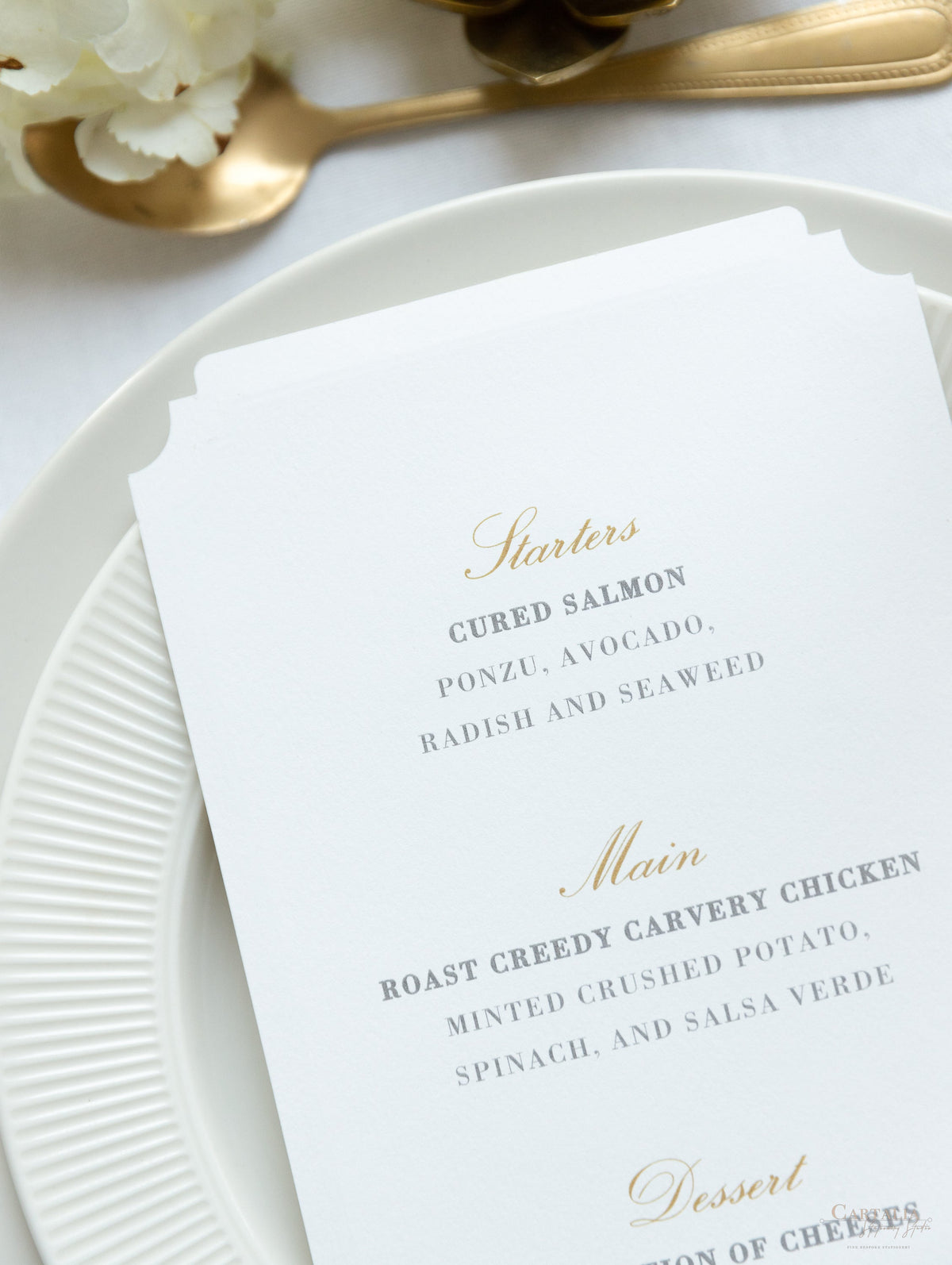 Luxury Plate Menu with Deckled Edge & Gold Foil Monogram