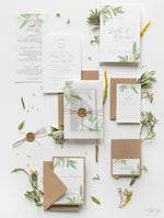 Greenery Vellum Sleeve Pocket fold Invitation with Gold Tie and Kraft Envelopes and add on of Pearl Wax Seal