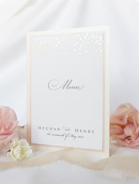 Suite de poche Fold Confetti Classic envelope en rose poussiéreux et champagne: menu