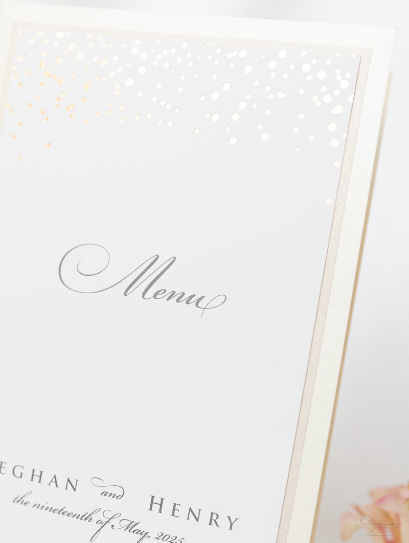 Busta classica con coriandoli tascabili in rosa antico e champagne: menu